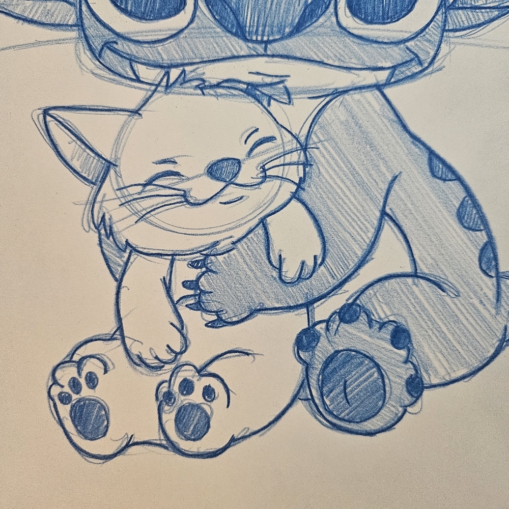 Disney Lilo And Stitch Hugging a Cat Drawing/Sketch Animation Art Signed - Picture 2 of 6